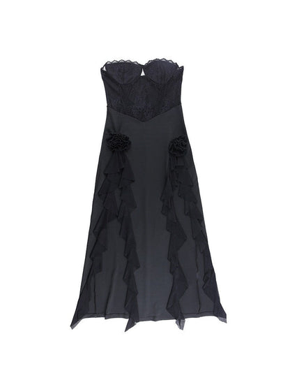 Black Lace Tube Top Stitching Dress