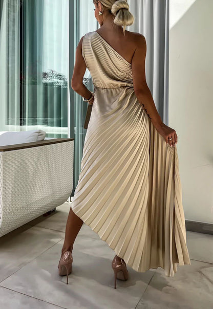 Romantic Nights Satin Raised Flower Elastic Cutout One Shoulder Pleated Maxi Dress
