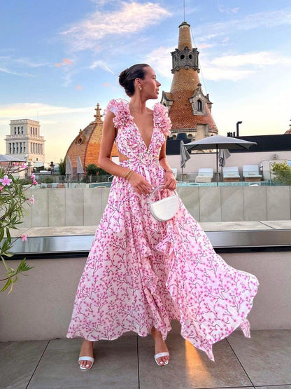 Floral Print Hollow Out Cutout Deep V Plunge Ruffled Backless Dress