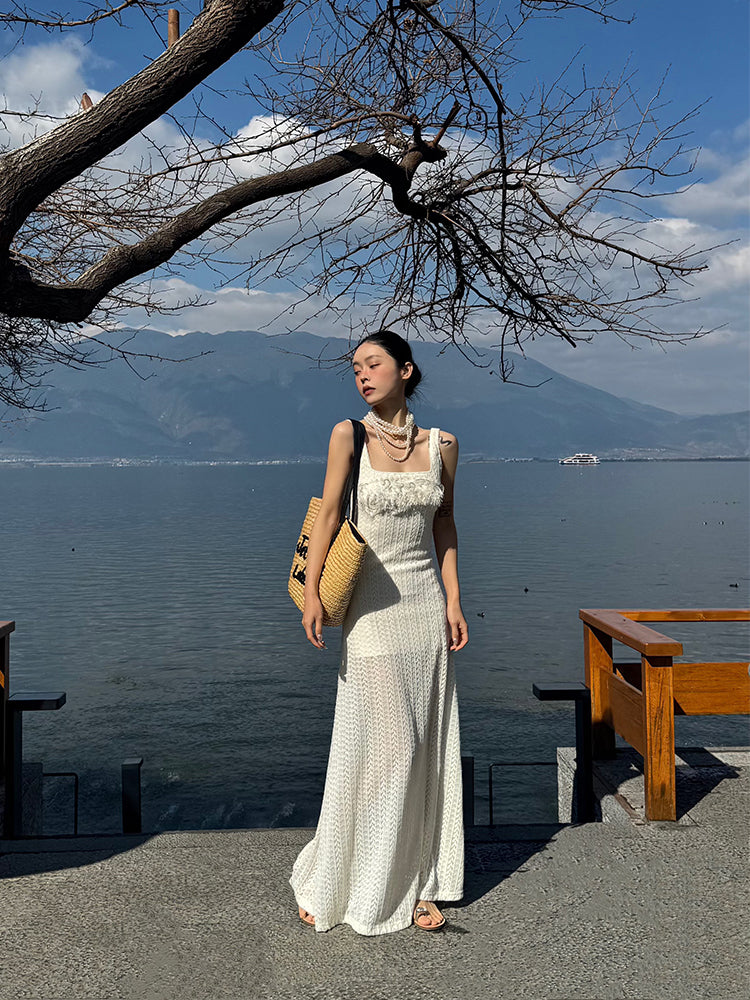 Pure Poise French Knit White Dress Elegant Square Neck Slimming Design