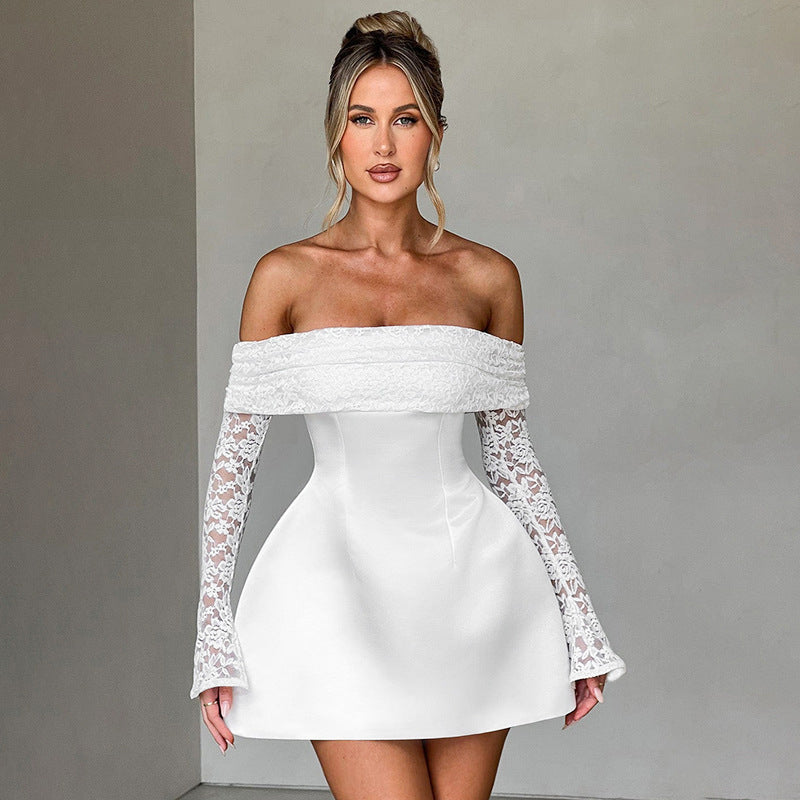 Off Shoulder Lace Sleeve Satin Fit and Flare Mini Dress