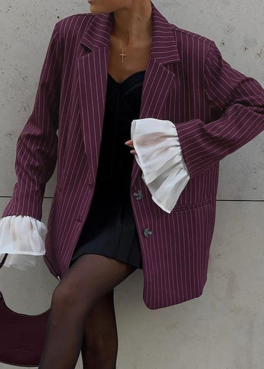 Maroon Pinstripe Blazer with Statement Sleeves