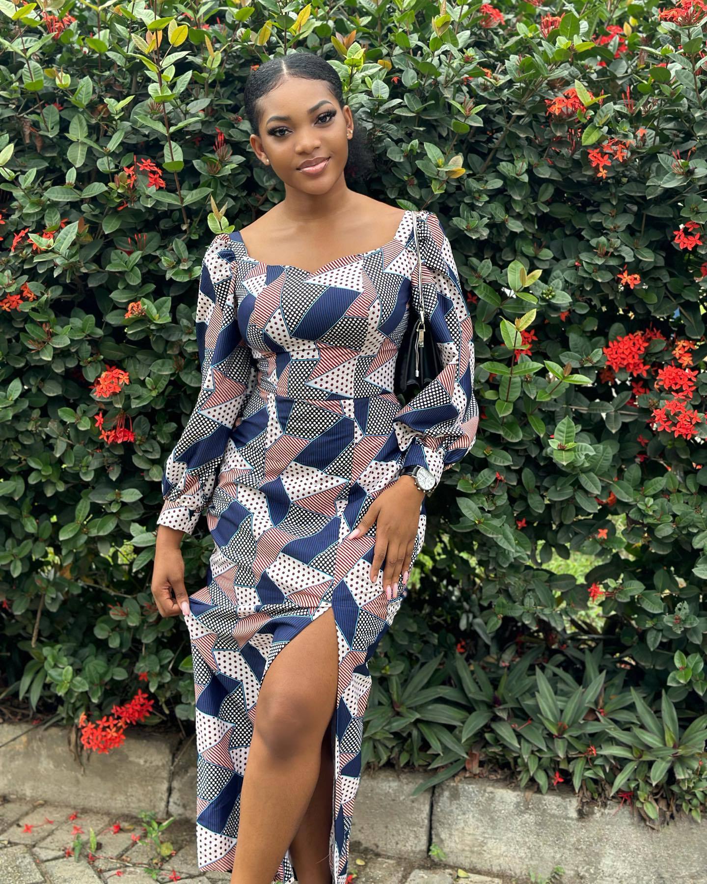 Square Neck Puff Sleeve Geometric Polka Dot Print High Slit Midi Dress