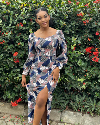 Square Neck Puff Sleeve Geometric Polka Dot Print High Slit Midi Dress