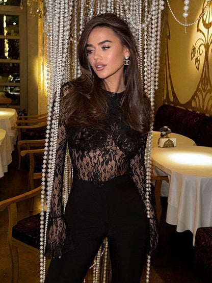 See through Embossed Lace Long Sleeves Bodysuit