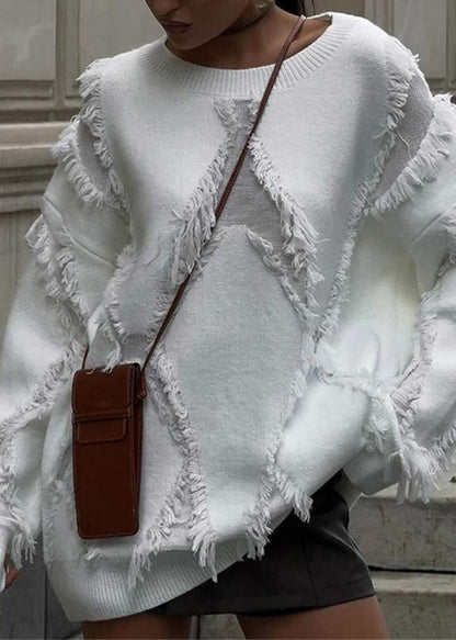 Fringed Textured Oversized Knit Sweater