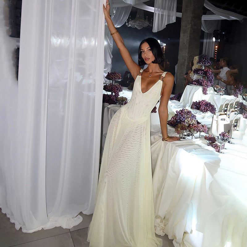Ring Strap Deep V Neck Pleated Backless Maxi Dress
