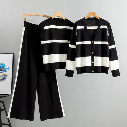 Black – Sporty Striped Loose Three Piece Set