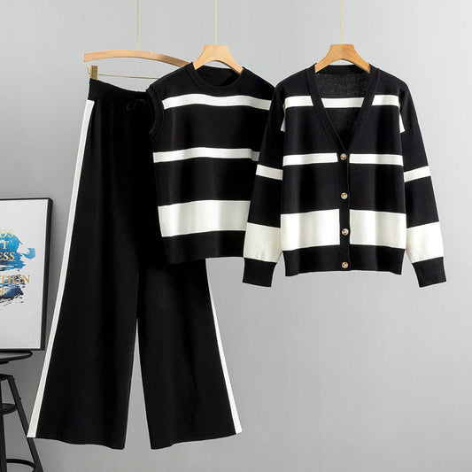 Black – Sporty Striped Loose Three Piece Set
