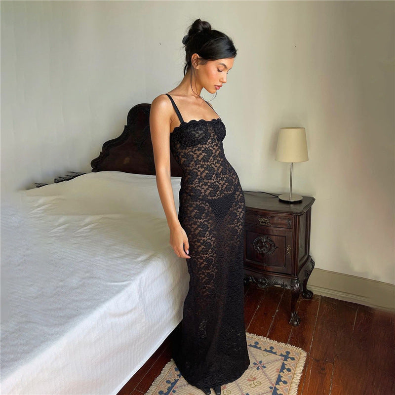 Floral Lace Overlay Scoop Neck Spaghetti Strap Column Maxi Dress