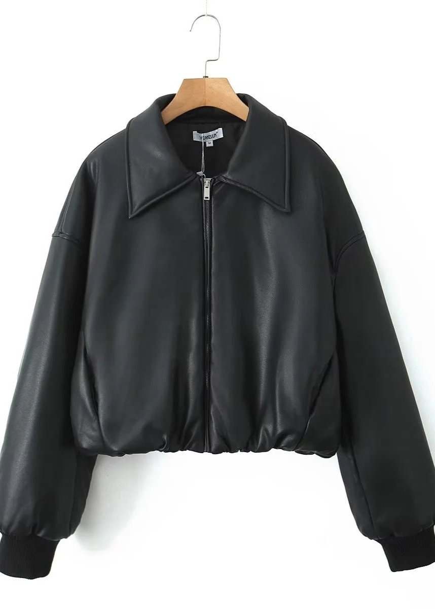 Luna - Cropped Faux Leather Bomber Jacket