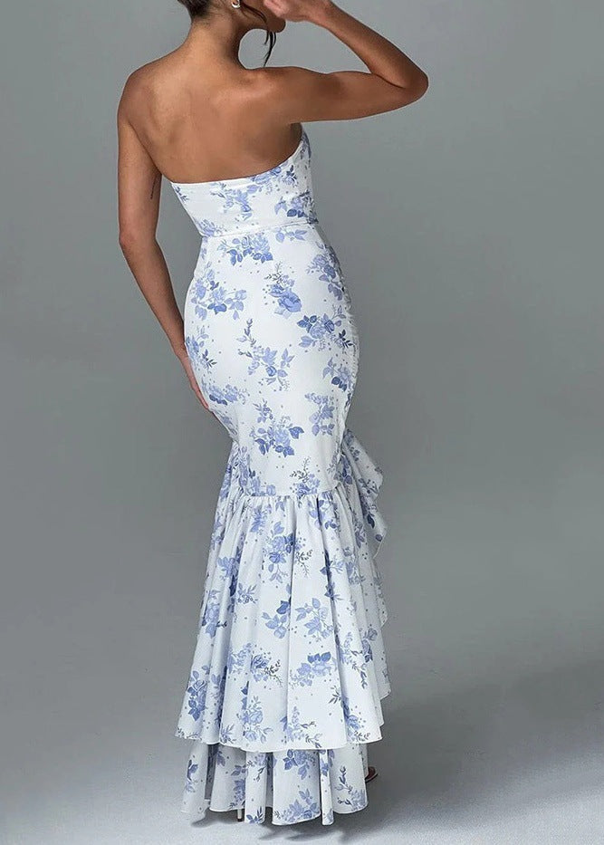 Floral Elegance - Strapless Ruffled Maxi Dress