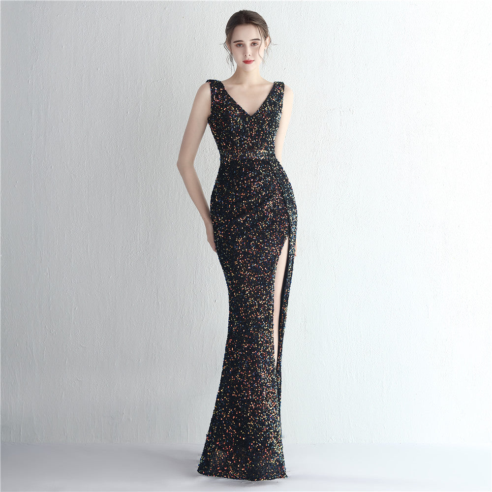 Sequin Deep V-Neck Wide Strap Ruched Waist High Split Mermaid Maxi Gown