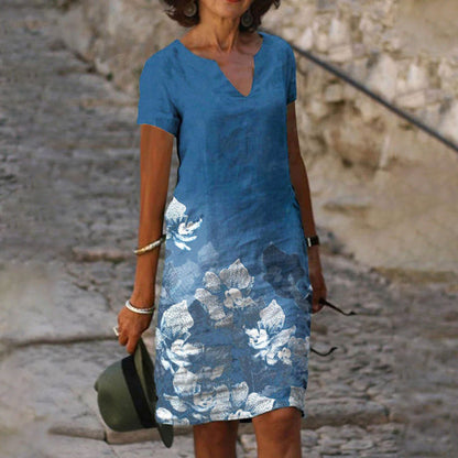 Watercolor Wildflower Print V-Neck Short Sleeve Shift Midi Dress