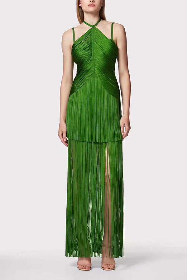 Sexy Halterneck Open Back Elegant Tassel Slim Maxi Dress