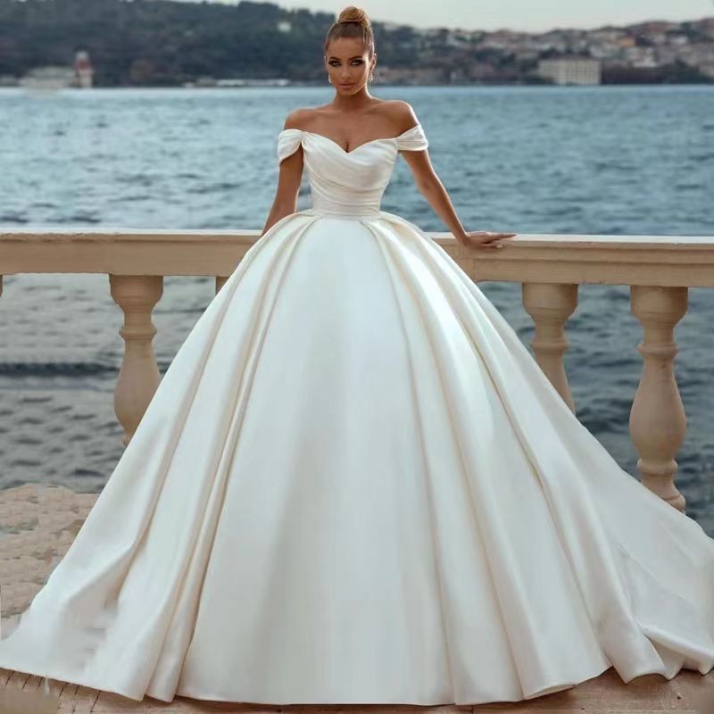 Off-Shoulder Satin Long Train Wedding Dress