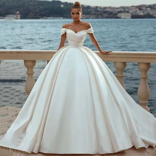 Off-Shoulder Satin Long Train Wedding Dress