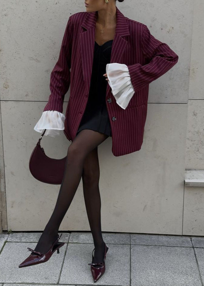 Maroon Pinstripe Blazer with Statement Sleeves