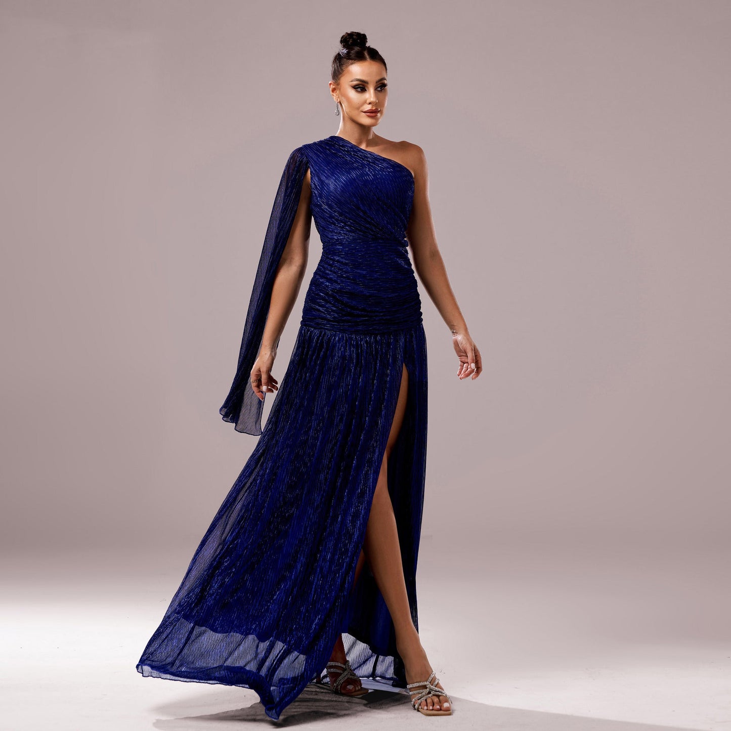 One-Shoulder Long Sleeve Slit Gown Elegant Evening Dress
