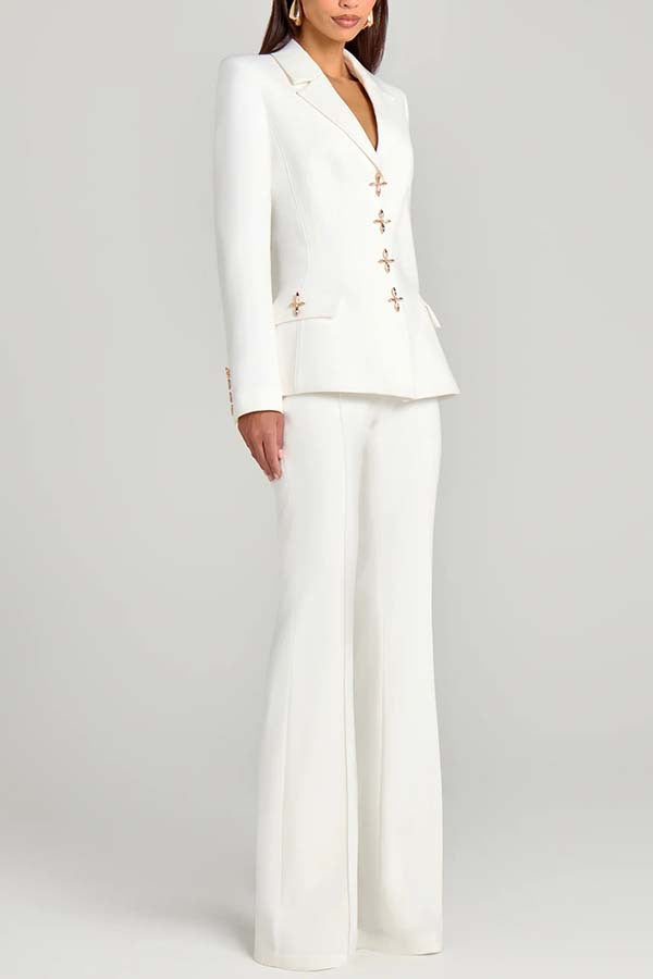 Women Power Metal Cross Snap Button Long Sleeve Lapel Blazer