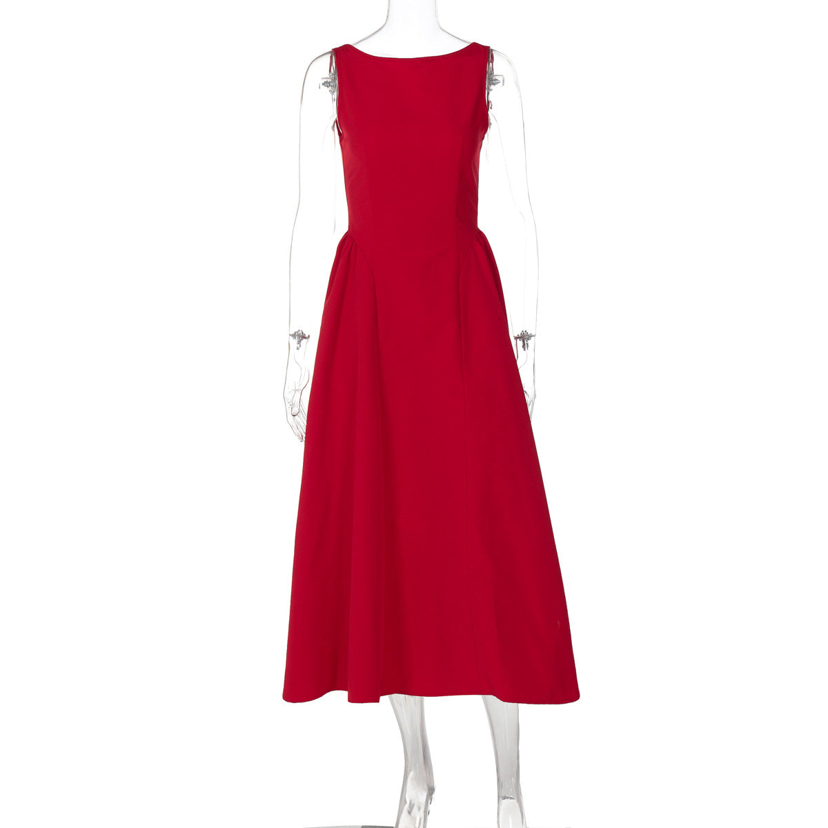 Boat Neck Sleeveless Fitted Waist Flared Gathered Midi Dress