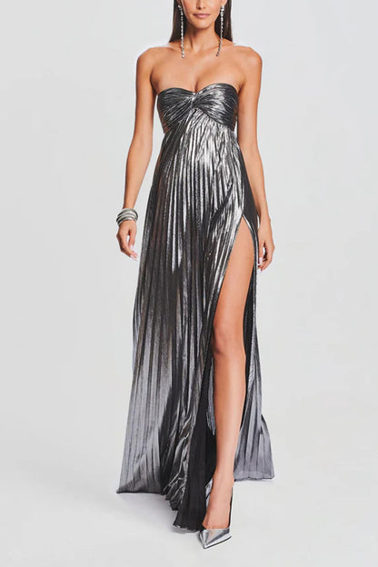 Metallic Sexy Tube Top Pleated High Slit Maxi Dress
