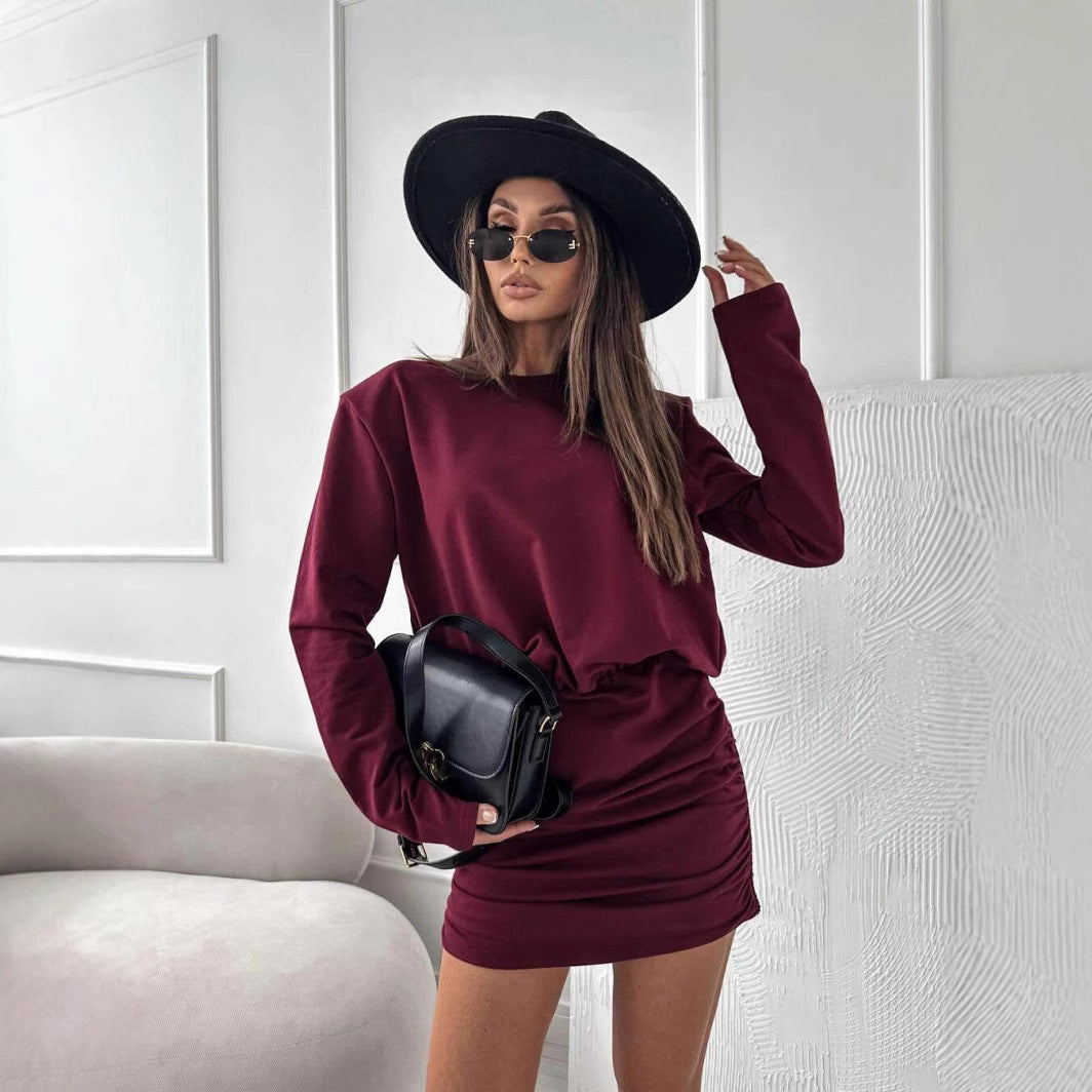 Long Sleeve Crew Neck Ruched Mini Skirt Two-Piece Set