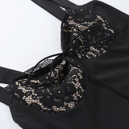 Lace Trim Sweetheart Tie-Front Spaghetti Strap Satin Mini Dress