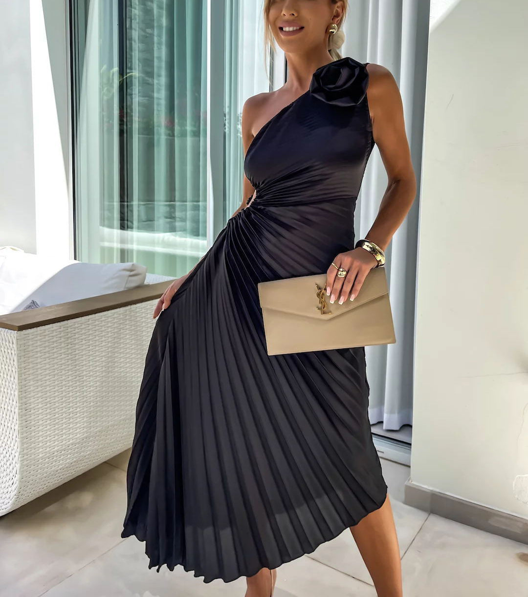 Romantic Nights Satin Raised Flower Elastic Cutout One Shoulder Pleated Maxi Dress