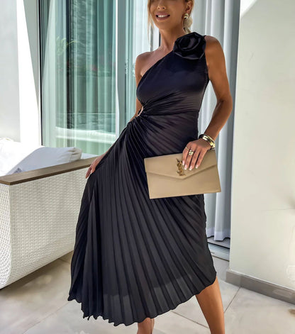 Romantic Nights Satin Raised Flower Elastic Cutout One Shoulder Pleated Maxi Dress