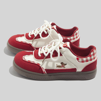Women's Stylish Laced Up Red Sneakers With Checkers Design