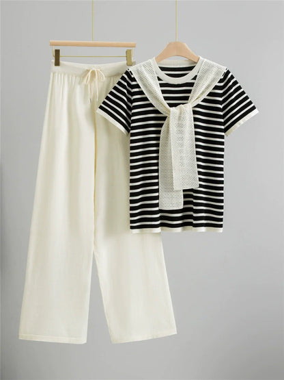 Apricot – Drawstring Short-Sleeve Striped Two-Piece Set