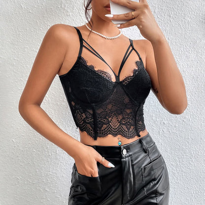 Hollow out lace hem v neck solid cami cut out top