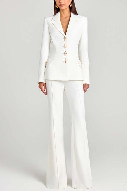 Women Power Metal Cross Snap Button Long Sleeve Lapel Blazer
