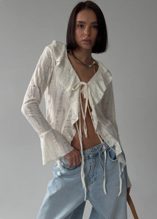 Sheer Ruffle-Trim Tie-Front Blouse