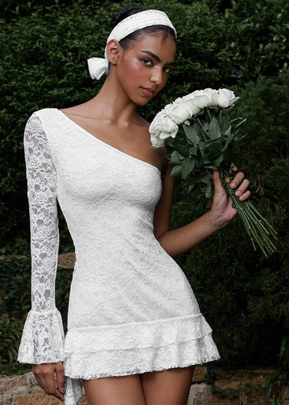 One-Shoulder Lace Ruffle Mini Dress
