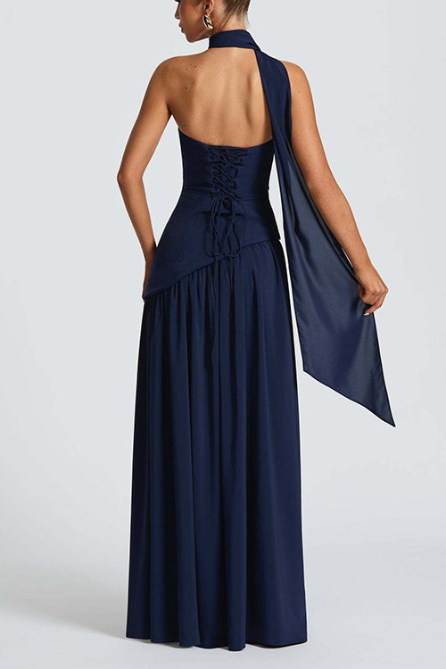consonak Strapless Back Lace-up High Slit Splice Maxi Dress