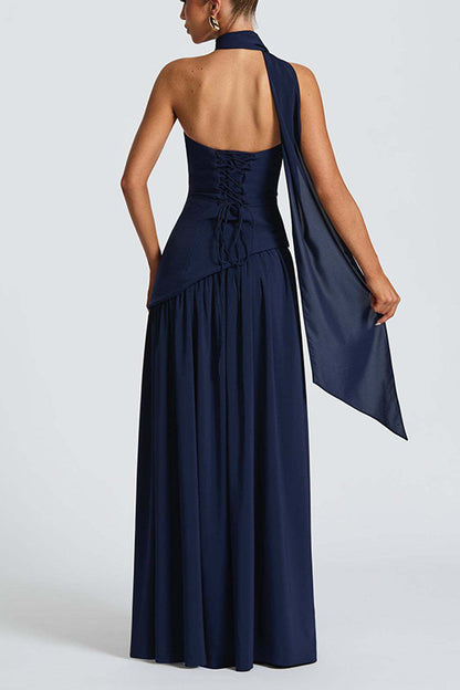 consonak Strapless Back Lace-up High Slit Splice Maxi Dress