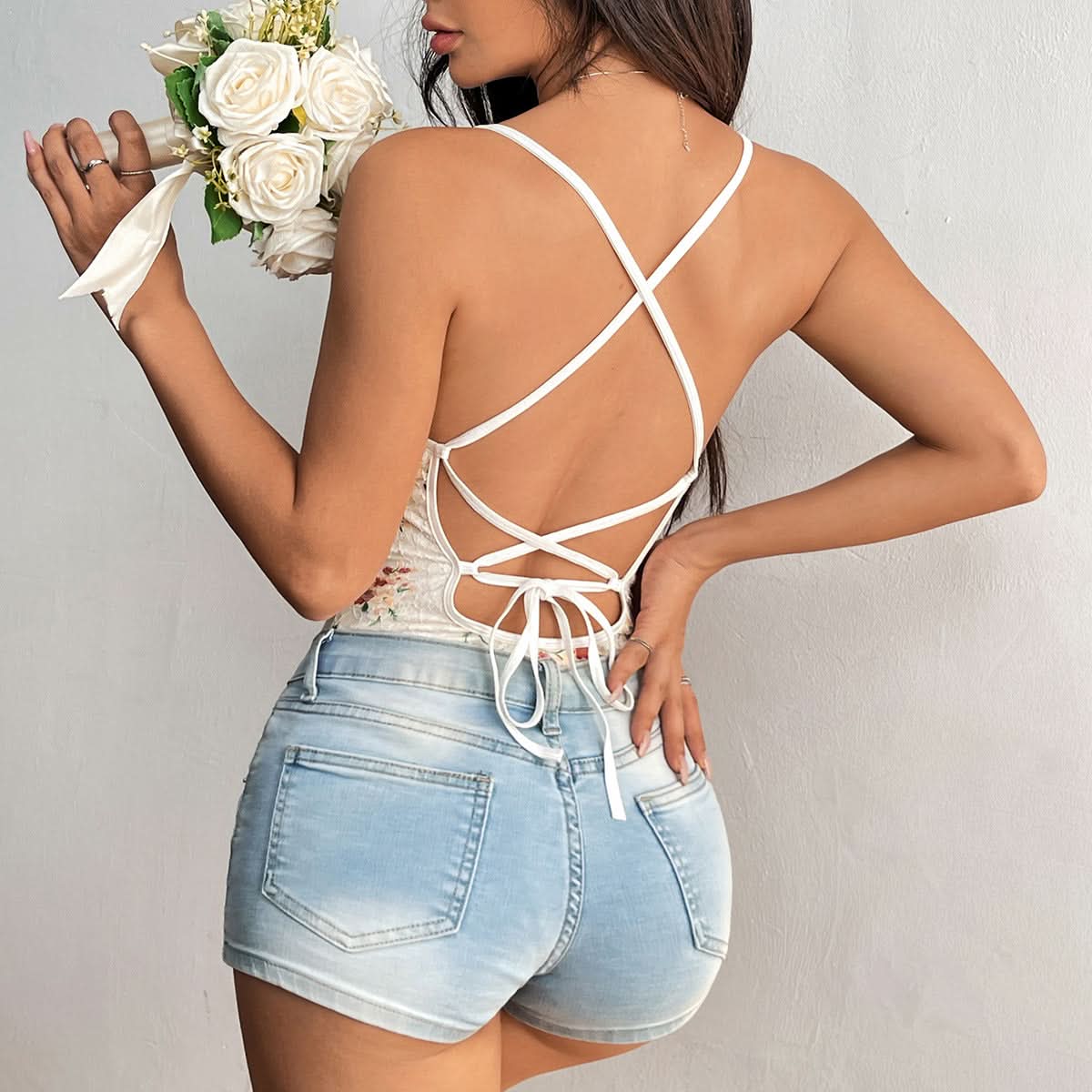 Lace hem flower print self tie v neck cami bodysuit