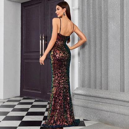 Sequin Scale Pattern V-Neck Mermaid Maxi Gown