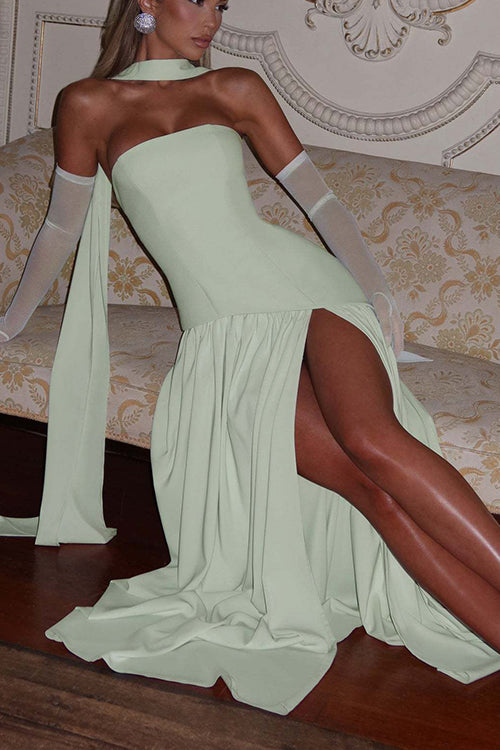 consonak Strapless Back Lace-up High Slit Splice Maxi Dress