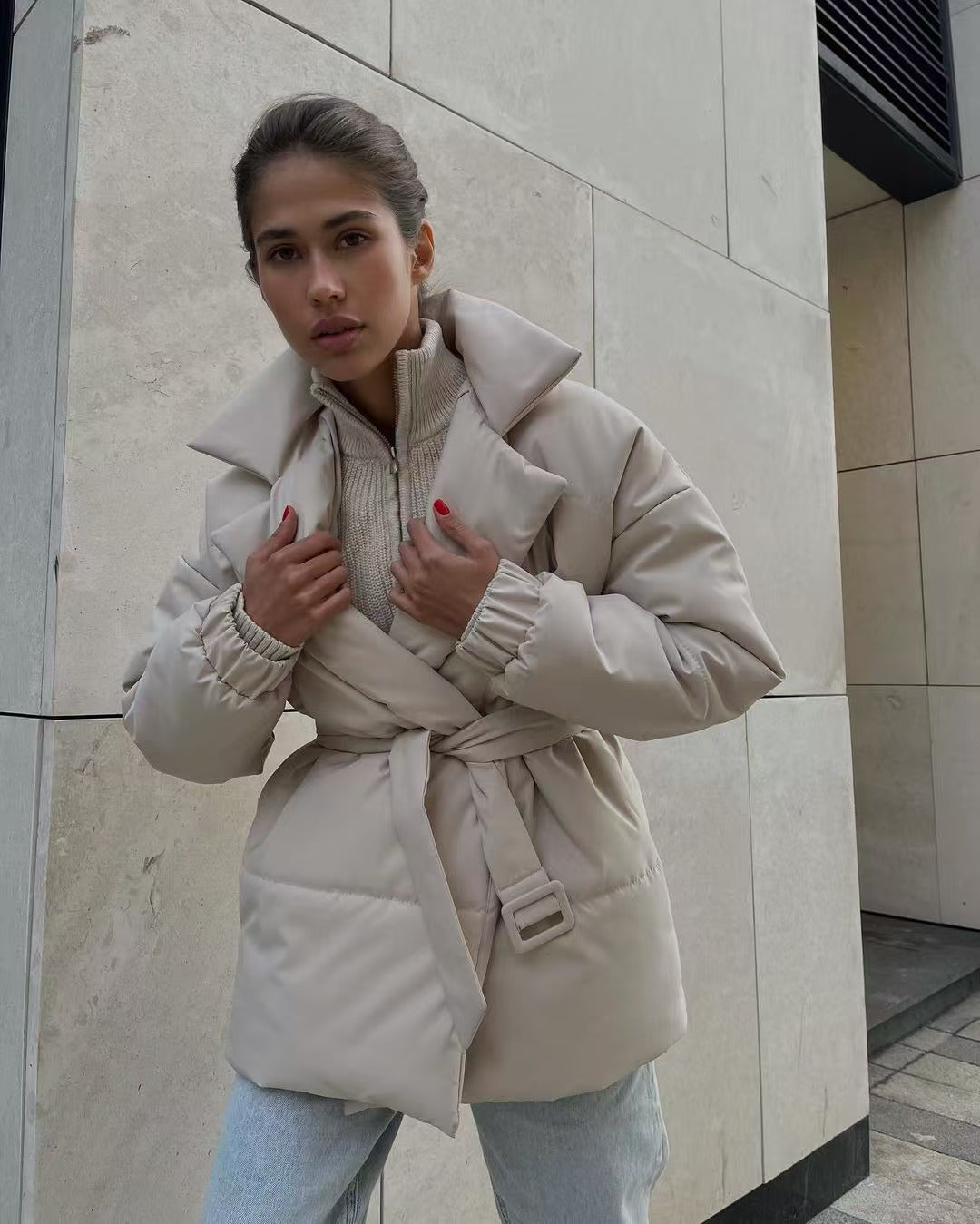 Tie Waist Cotton V-Neck Puffer Jacket