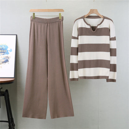 Camel - Striped Knit Top & Pants Set