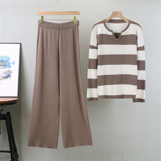 Camel - Striped Knit Top & Pants Set
