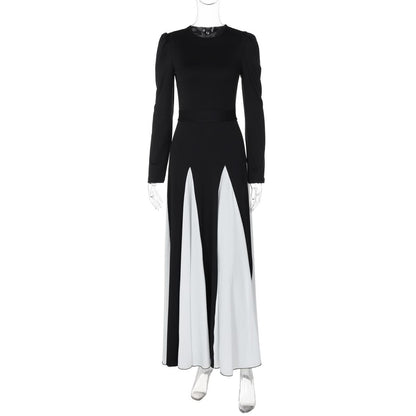 Long sleeve contrast self tie maxi dress