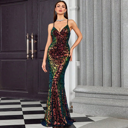 Sequin Scale Pattern V-Neck Mermaid Maxi Gown