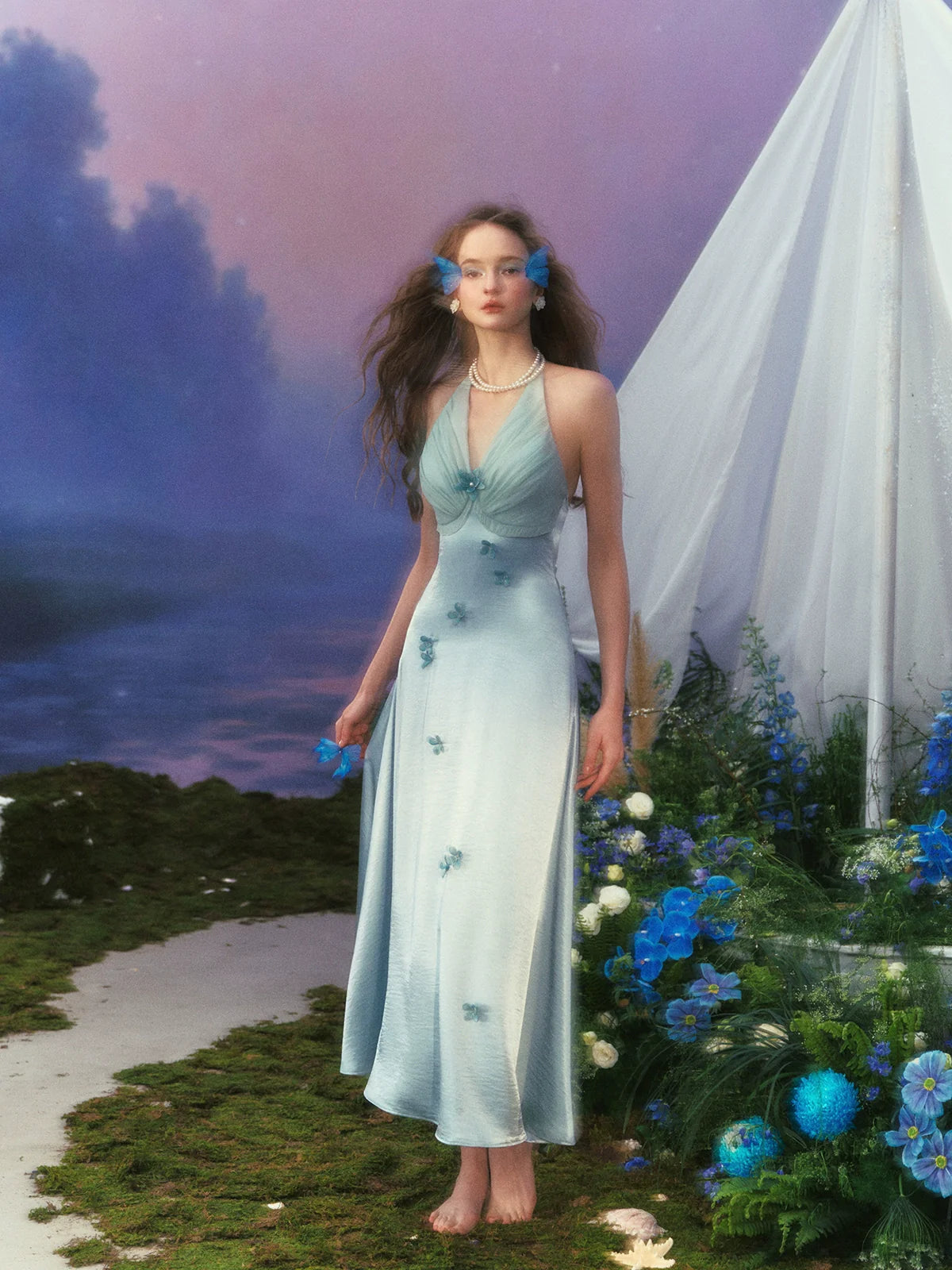 Floral Halter Satin Gown French-Inspired Blue Vacation Fairy Dress