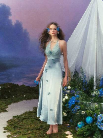 Floral Halter Satin Gown French-Inspired Blue Vacation Fairy Dress