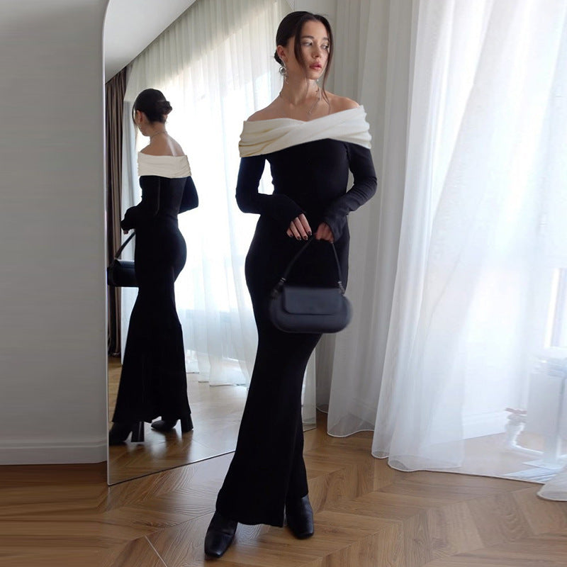 Off Shoulder Draped Contrast Bodice Long Sleeve Mermaid Maxi Dress