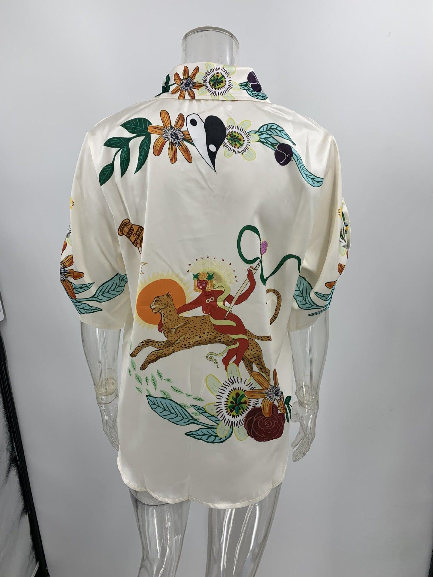 Graffiti Print Satin Short Sleeve Shirt & Pant Coord Set